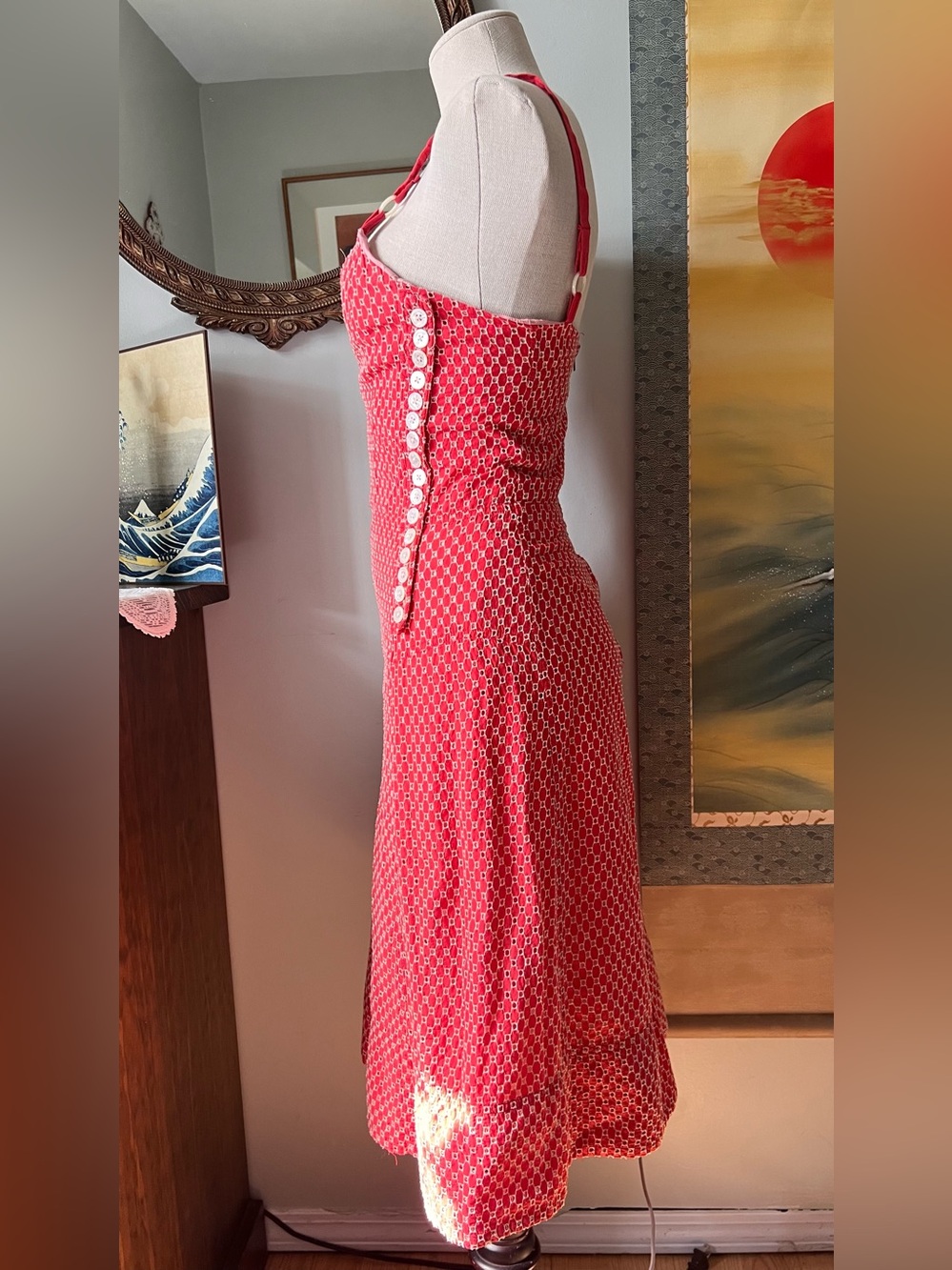 Marc Jacobs Red embroidered Midi Dress with Side Buttons - Picture 5 of 8